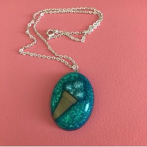 Blue Ice Cream Cone Resin Glitter Necklace